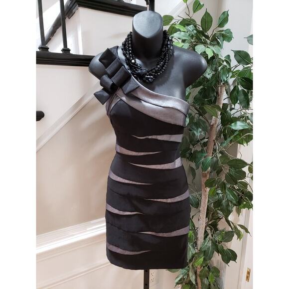 Betsy & Adam Women's Gray & Black Polyester One Shoulder Off Knee Length Dress 4 - Picture 1 of 12